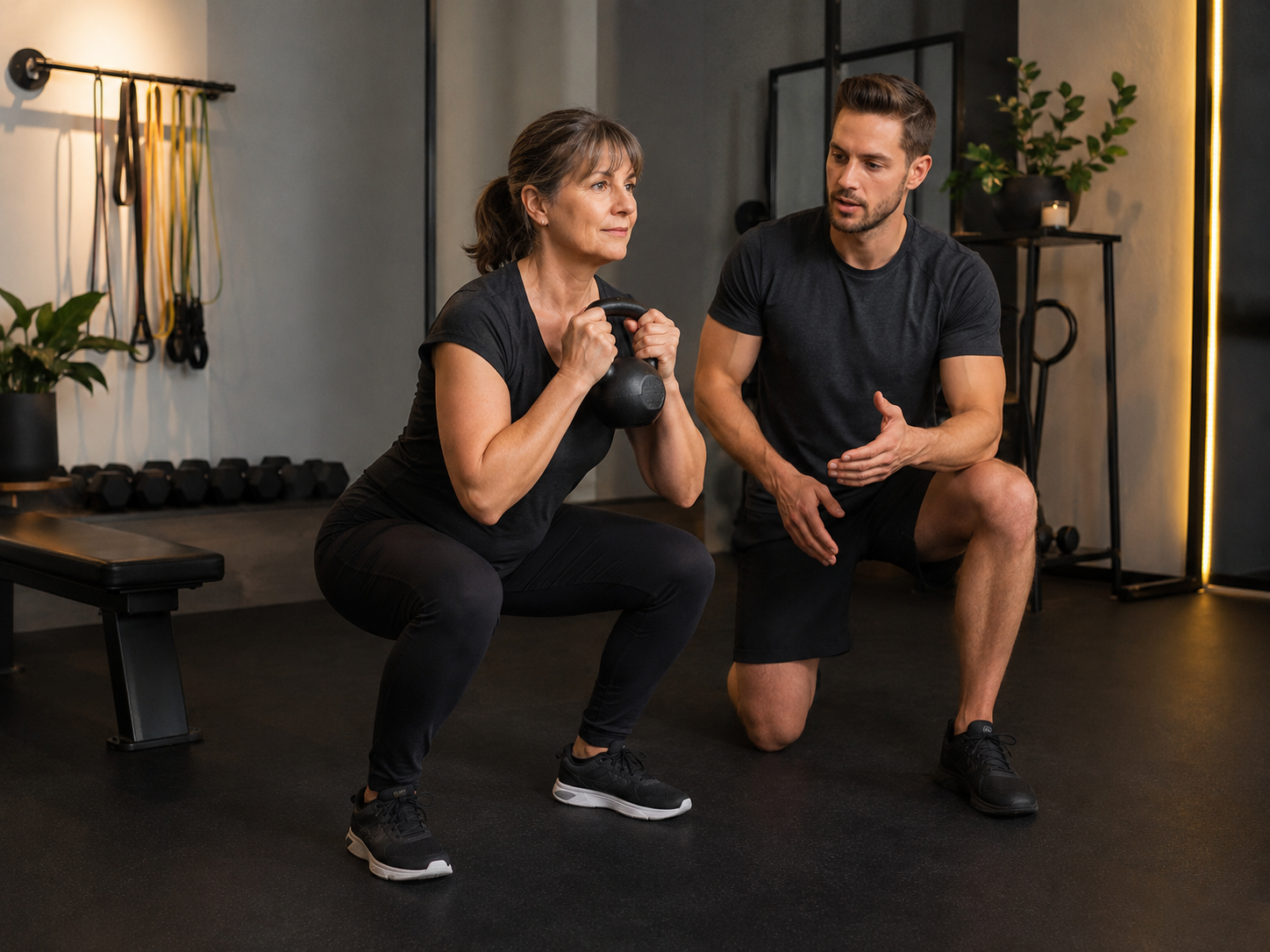 Coach sportif masculin accompagnant une cliente pendant une séance