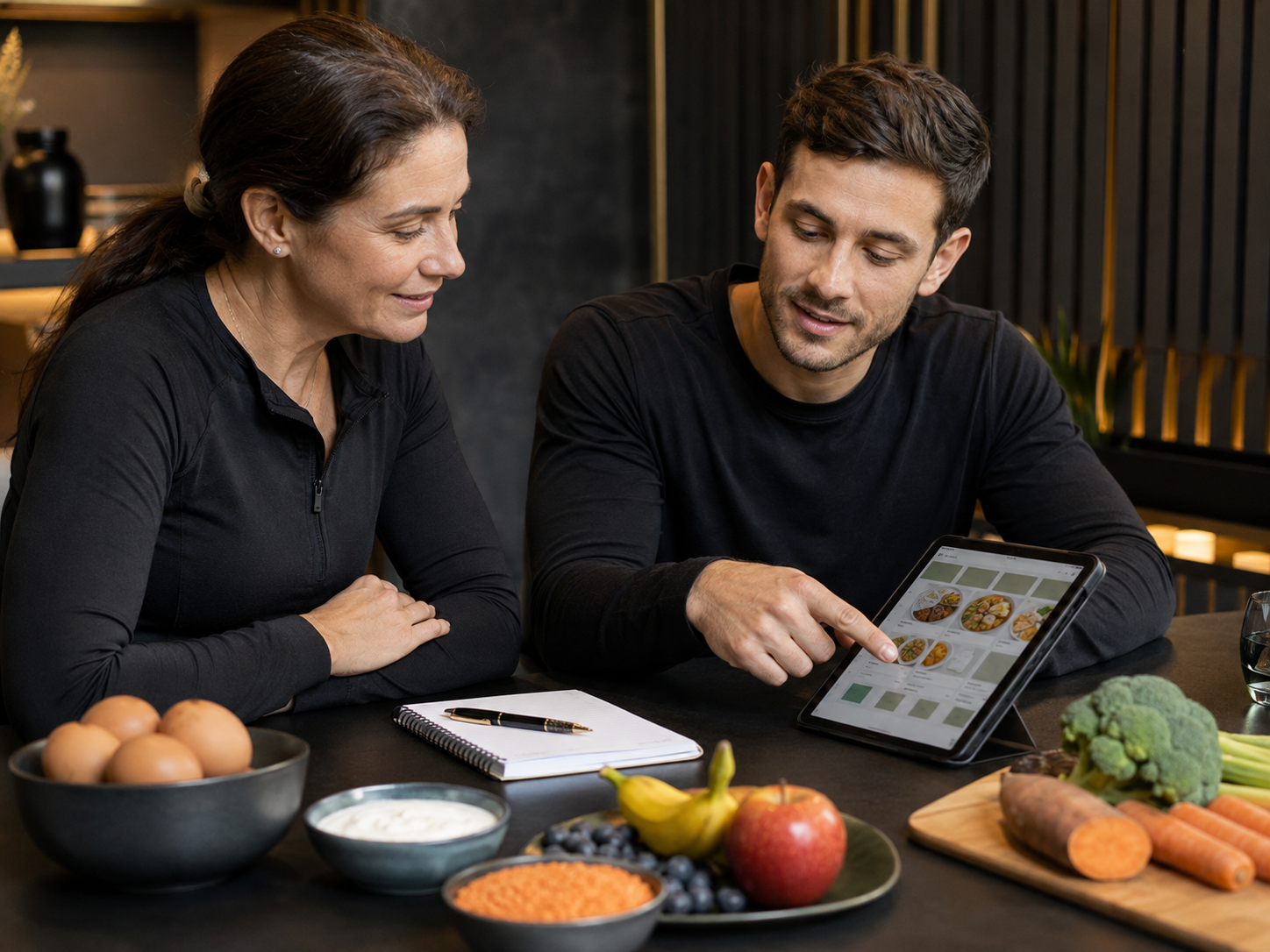 Aliments frais et recette saine préparée pour un suivi nutritionnel